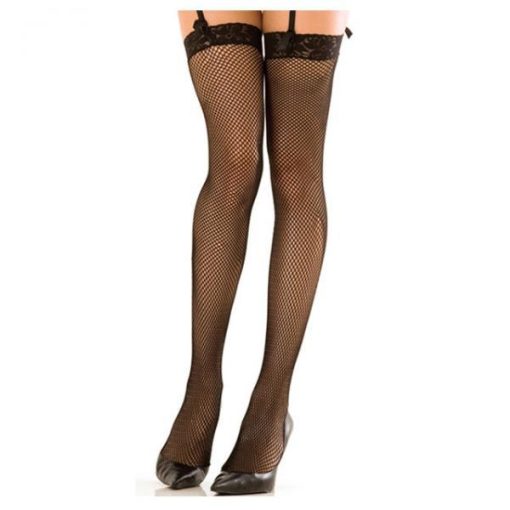 Lace Top Fishnet Thigh High Stockings Black O/S