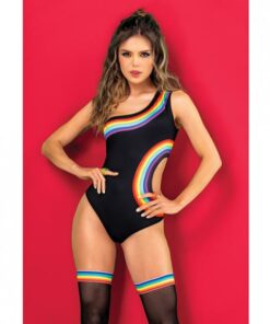 Pride One Shoulder Side Cut Out Bodysuit Black Prints L/xl