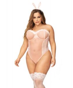 Sexy Bunny Underwire Bodysuit W/lace Up Back & Head Piece Pink 1x/2x