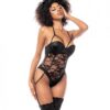 Cat Girl Lace Gartered Bodysuit W/lace Up Back & Head Piece Black S/m