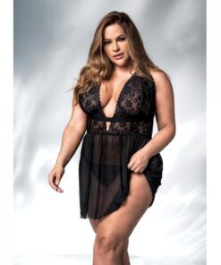 Lace & Mesh Babydoll & G-string Black 3x/4x