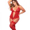 Lace & Mesh Teddy W/hook & Eye Crotch Closure W/attached Garter Straps Red 1x/2x