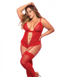 Lace & Mesh Teddy W/hook & Eye Crotch Closure W/attached Garter Straps Red 1x/2x