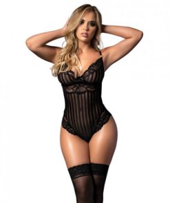 Shadow Stripe & Lace Teddy W/hook & Eye Closure Black Lg