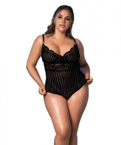 Shadow Stripe & Lace Teddy W/hook & Eye Closure Black 1x/2x