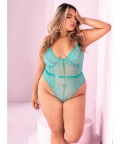 Floral Lace Peek A Boo Open Back Teddy Aqua 1x/2x