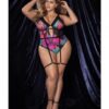 Flower Print Mesh Underwire Teddy W/detachable Garter Straps Multi Color 1x/2x