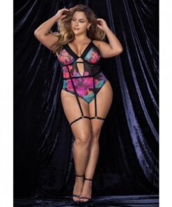 Flower Print Mesh Underwire Teddy W/detachable Garter Straps Multi Color 1x/2x