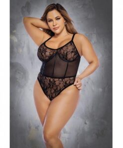 Floral Lace & Mesh Underwire Bodysuit W/lace Up Back Black 1x/2x