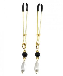 Bijoux De Nip Tweezer Nipple Clamp W/black & Gold Beads W/pearl - Gold