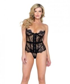 Fantasy Scalloped Eyelash Lace Bustier & Thong Black Lg