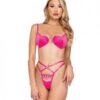 Valentine Bubblegum Heart Satin Bra & Metallic Lace Embroidered Thong Pink Md