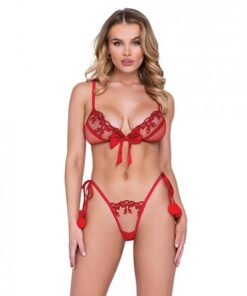 Holiday Rouge Bow Metallic Embroidered Bralette & Thong W/pom Pom Detail Red Lg