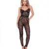 Chantilly Stretch Lace Sleeveless Catsuit W/satin Trim Black Lg