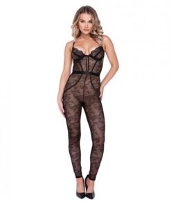 Chantilly Stretch Lace Sleeveless Catsuit W/satin Trim Black Lg