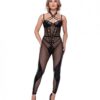 Flirty Fetish Fishnet & Faux Leather Catsuit W/satin Trim Black Lg