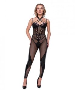 Flirty Fetish Fishnet & Faux Leather Catsuit W/satin Trim Black Lg