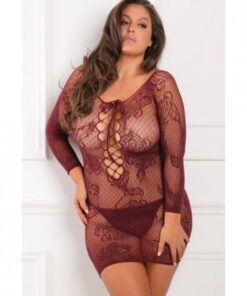 Rene Rofe Tie Breaker Long Sleeve Dress Burgundy 1X