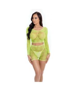 Pink Lipstick Leaf It To Me Long Sleeve Crop Top & Short Green O/s