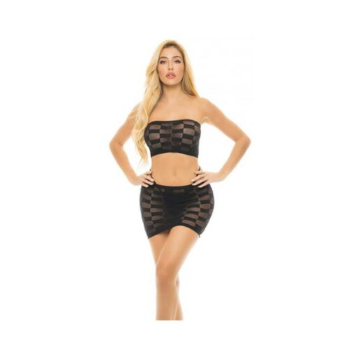 Pink Lipstick Checkered Up Bandeau Bra & Skirt Black O/s