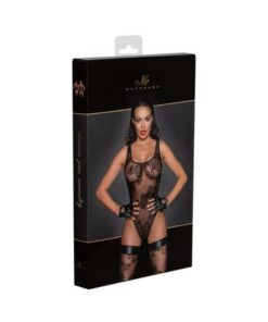 Noir Handmade Tulle Bodysuit With Patterned Flock Embroidery L
