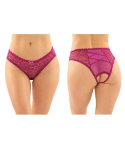 Daisy Crotchless Lace And Mesh Panty With Criss-cross Panel Back 6-pack S/m Berry