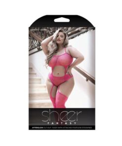 Sheer Afterglow Cutout Teddy With Attached Footless Stockings Berry Pink Queen