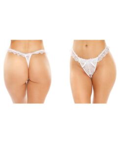 Flora Ruffled Lace Crotchless Pearl Thong White S/m