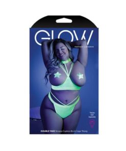 Glow Double Take Strappy Harness Open-shelf Bra & Cage Thong Neon Lemon Qs