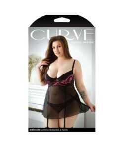Curve Madison Gartered Lace And Mesh Babydoll With Underwire Cups & Matching Panty 3x/4x Black/pink