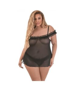 Magic Silk Ruffled Flyaway Babydoll & Split-crotch Thong Black Queen