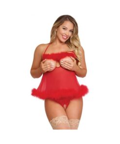 Magic Silk Marabou Cupless & Crotchless Babydoll Set Red Queen