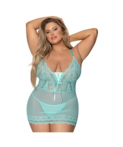 Magic Silk Seabreeze Lace Up Chemise & G Sring Turquoise Queen  Size