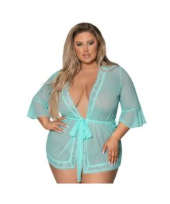 Magic Silk Seabreeze Robe W Lace Trim Turquoise Queen  Size