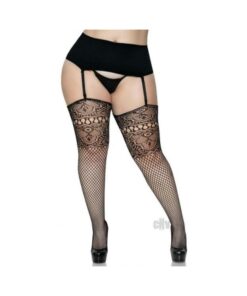 Lace Top Fishnet Backseam Stoc 1x/2x Blk