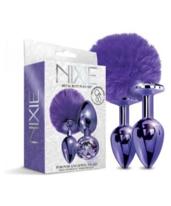 Nixie Metal Butt Plug Set Pom Pom And Jewel-inlaid Metallic Purple