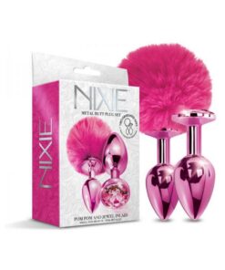 Nixie Metal Butt Plug Set Pom Pom And Jewel-inlaid Metallic Pink