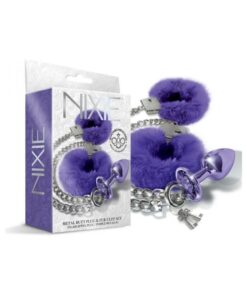 Nixie Metal Butt Plug & Furry Handcuff Set Medium Purple Metallic