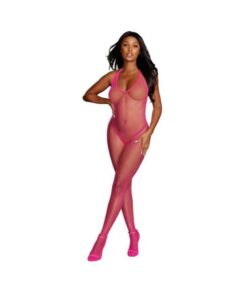 Dreamgirl Diamond-net Halter Bodystocking With Open Crotch Neon Pink Os