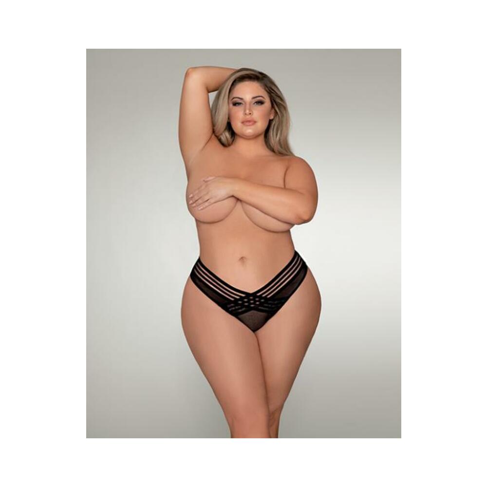 Dreamgirl Mesh Thong With Shadow Stripe Elastic Front Detail Black 2x