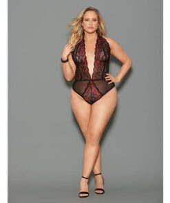 Euphoria Two Tone Lace Halter Crotch Closure Teddy Blk/red Qn