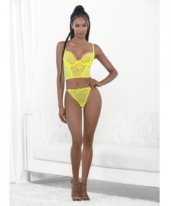 Neon Lace Corset Top W/ring Accent & Panty Neon Lime Lg
