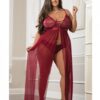 Empire Waist Laced Sheer Long Dress & Panty Mulled Wine Qn