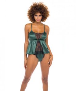 Cammi Eyelash & Satin Cami W/tanga Panty Dark Green/black S/m