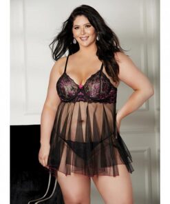 Floral & Sheer Pleated Babydoll Black/rose 2x