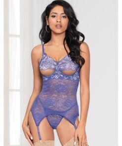 Cross Dye Lace Peek A Boo Chemise W/attached Garters & G-string Iris O/s