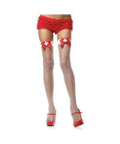 Industrial Net Thigh Highs W/ Bow And Nurse Badge O/s White/red