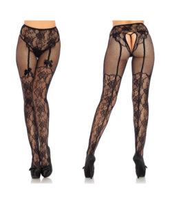 Fleur De Lace Suspender Illusion Crotchless Tights With Bow Accent O/s Black