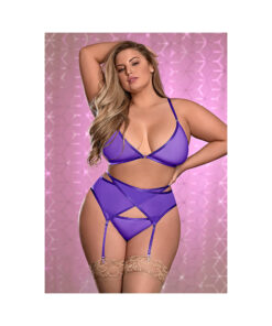 Ms Sheer Mesh Bra Garter & Panty Purple 1 Size Queen