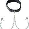 Black Leather Collar With Broad Tip Nipple Clamps